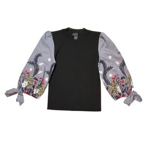 Gracia Black Knit Top M Floral Embroidered Gingham Puff Sleeve Feminine Whimsy